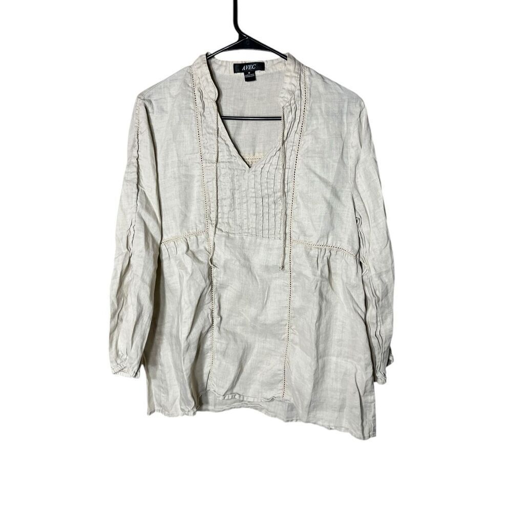 Avec Linen V Neck Long Sleeve Cream‎ Beige Pleated Blouse Size M